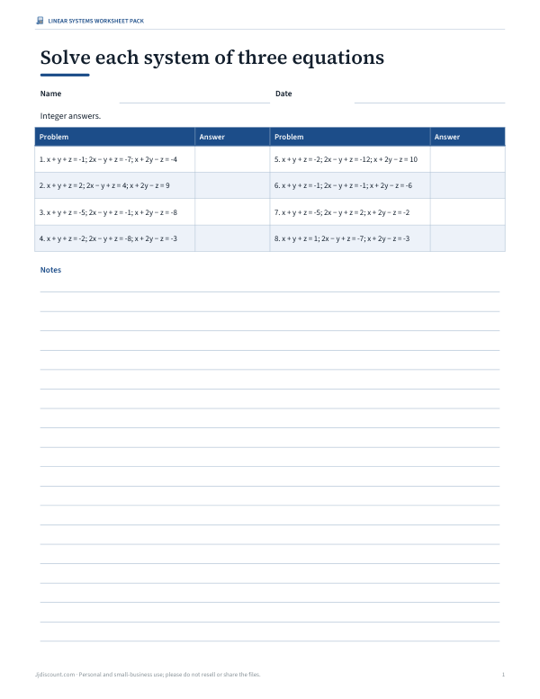 Preview of Printable 3x3 System of Equations Worksheet